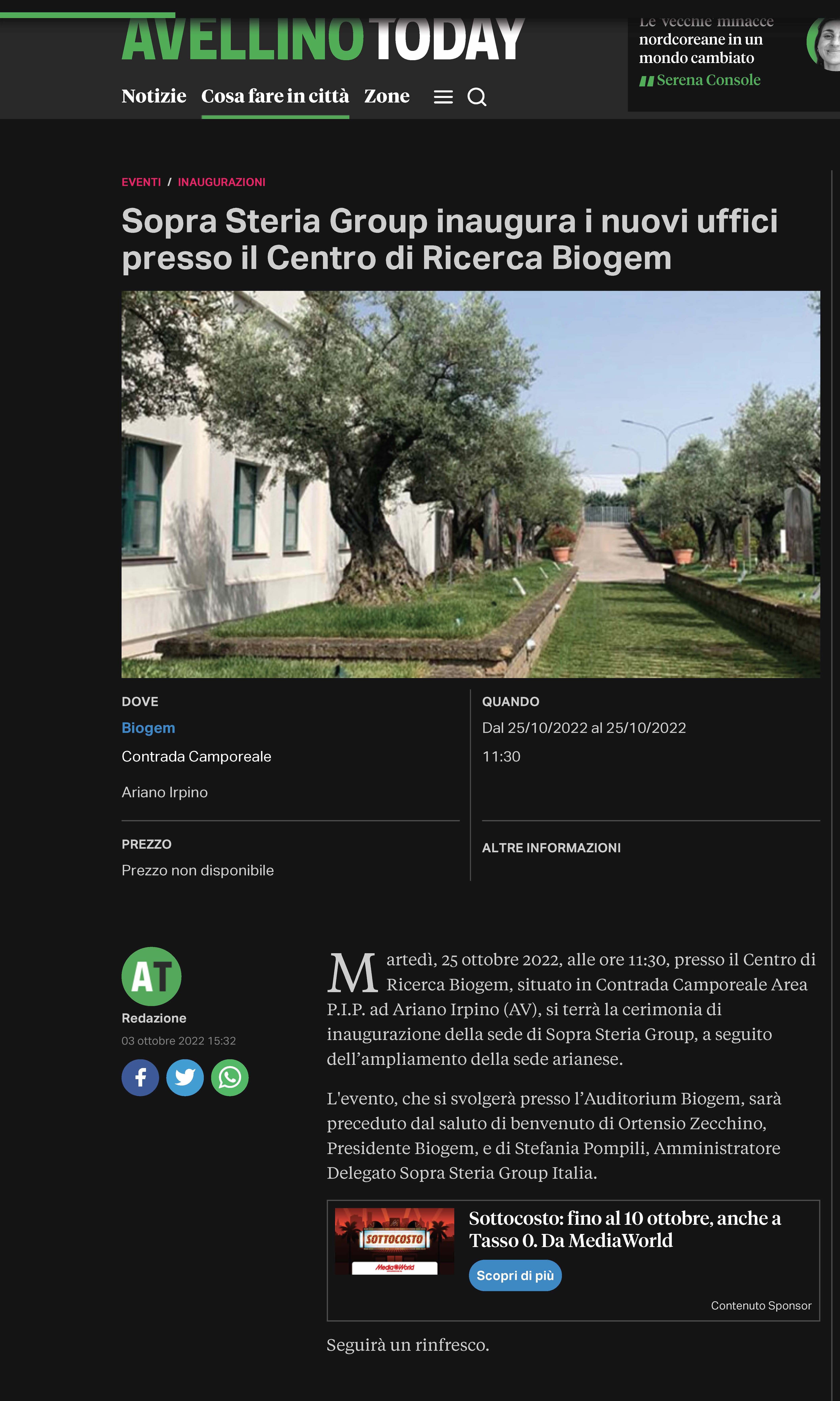 Sopra Steria Group inaugura i nuovi uffici presso il Centro di Ricerca Biogem